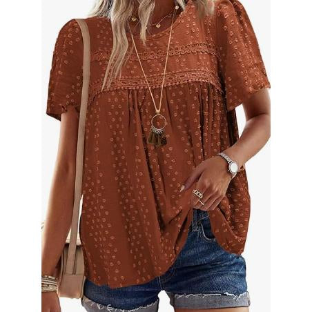 Women Swiss Dot Lace Tunic Top, Round Neck Puff Short Sleeve Loose Flowy Boho Blouse Casual Summer Shirt