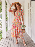 Women's Dresses Casual Summer Wrap V Neck Short Sleeve Belted Ruffle Hem A-Line Bohemian Maxi Dress