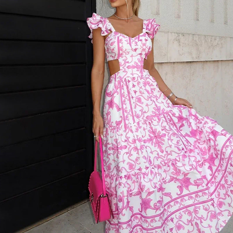 Womens Dress Ruffled Sleeve Print Waist