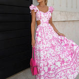 Womens Dress Ruffled Sleeve Print Waist