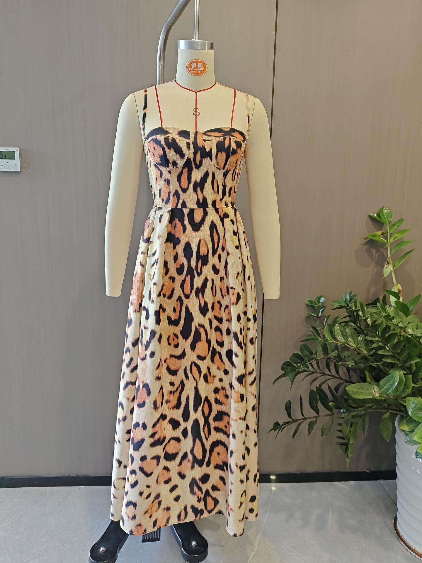 Women Sexy Leopard Print Suspender Waist A Line Dress