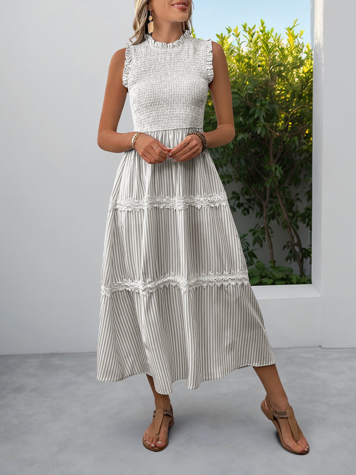 Casual Women's Lace Sleeveless Striped Dress