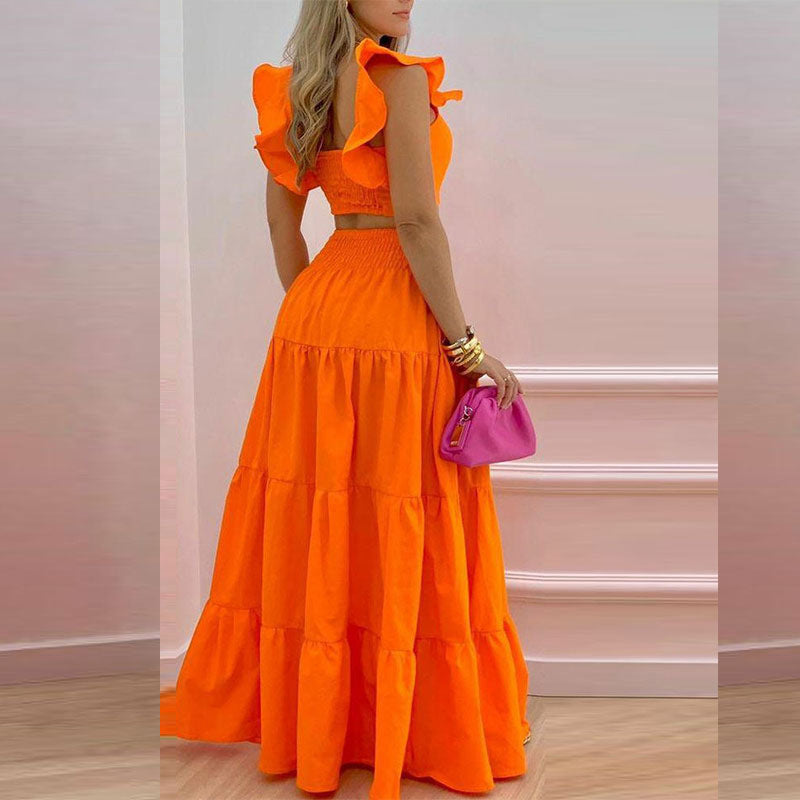 Sexy Daily Casual Solid Color Splicing Suspender Skirt Set