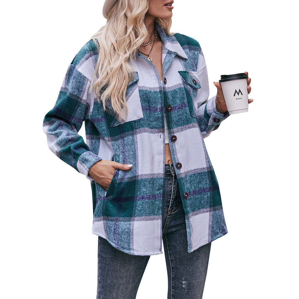 Women's Fall and Winter New Cross-border Women's Plaid Jacket Casual Loose Pocket Shirt
