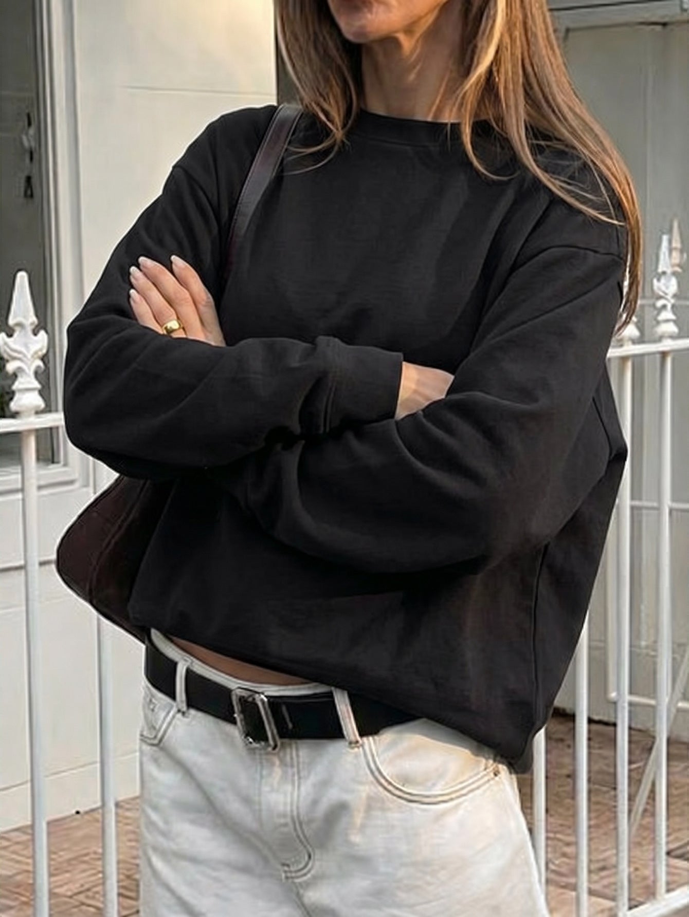 Women's Casual Solid Color Loose Crew Neck Long Sleeve Top