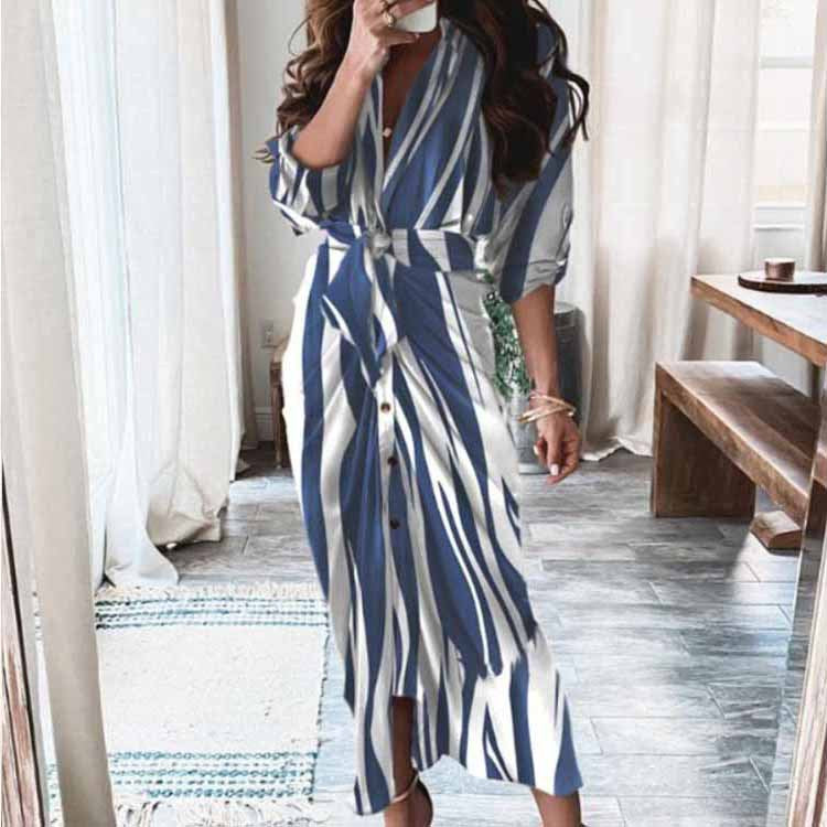 Womens Casual V-Neck Printed Strap-on Dress