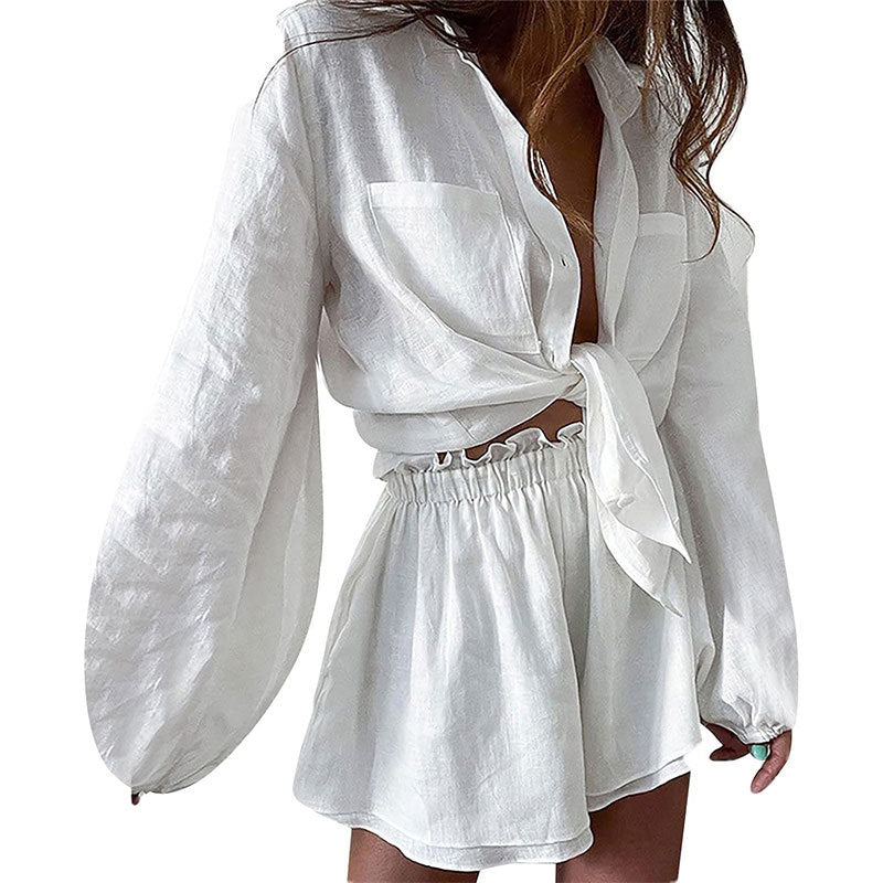 Women's Casual Solid Color Ruffle Shirt Shorts Set