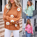 Women's Pullover Flower Sweater Crew Neck Long Sleeves