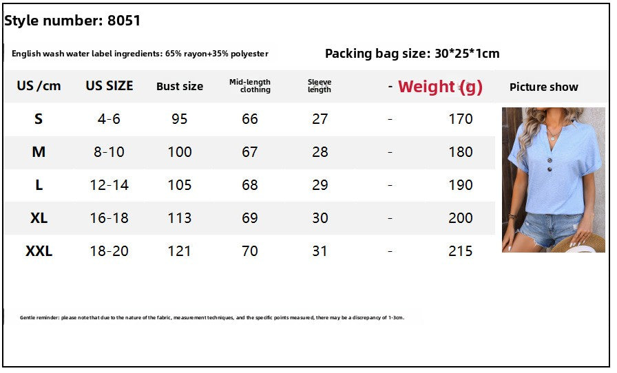 Summer V-neck Button Solid Color Cotton Loose Short-sleeved T-shirt Women