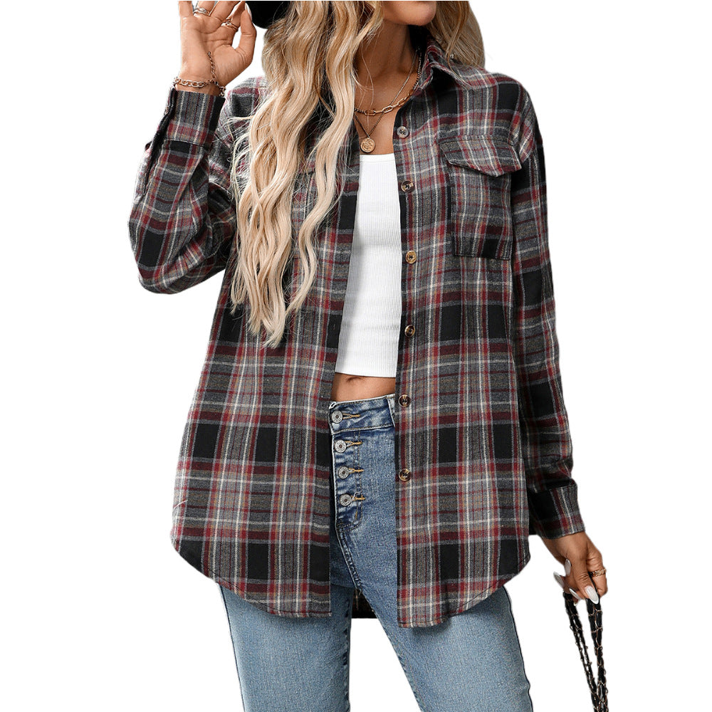 Casual Fashion Loose Plaid Pocket Shirt Women