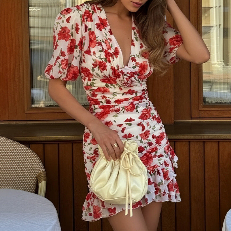 Womenv V Neck Print Ruffle Dress