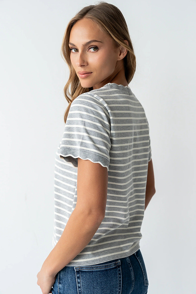 Womens Short Sleeve Top Ruffle Striped T-Shirt