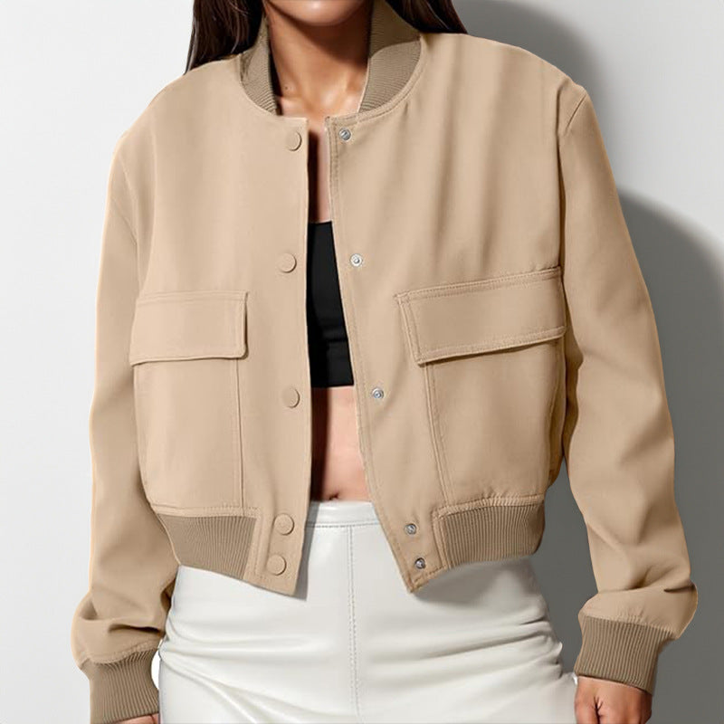 Women's Elegant Casual Stand-Up Collar Solid Pocket Jacket