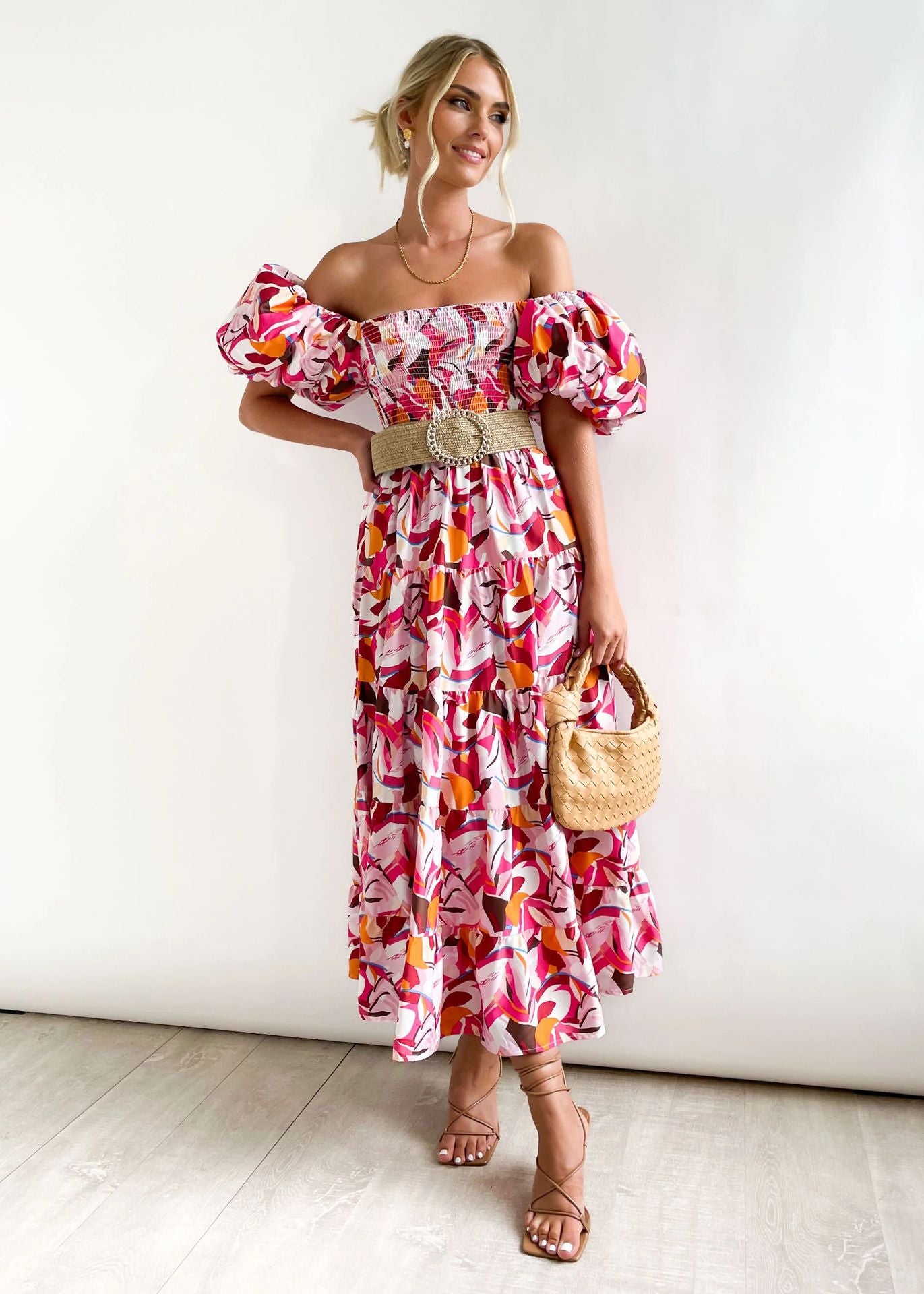 Women Bubble Sleeve Holiday Skinny Long Dress High Waist Shoulder Print Dress