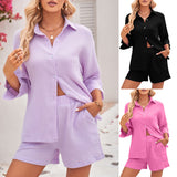 Women's Seven-quarter-sleeved Shirt Short Cotton Two-piece Set