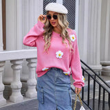 Women's Pullover Flower Sweater Crew Neck Long Sleeves