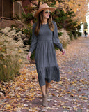 Women Vintage Crew Neck High Waist Roller Dress Lantern Sleeves