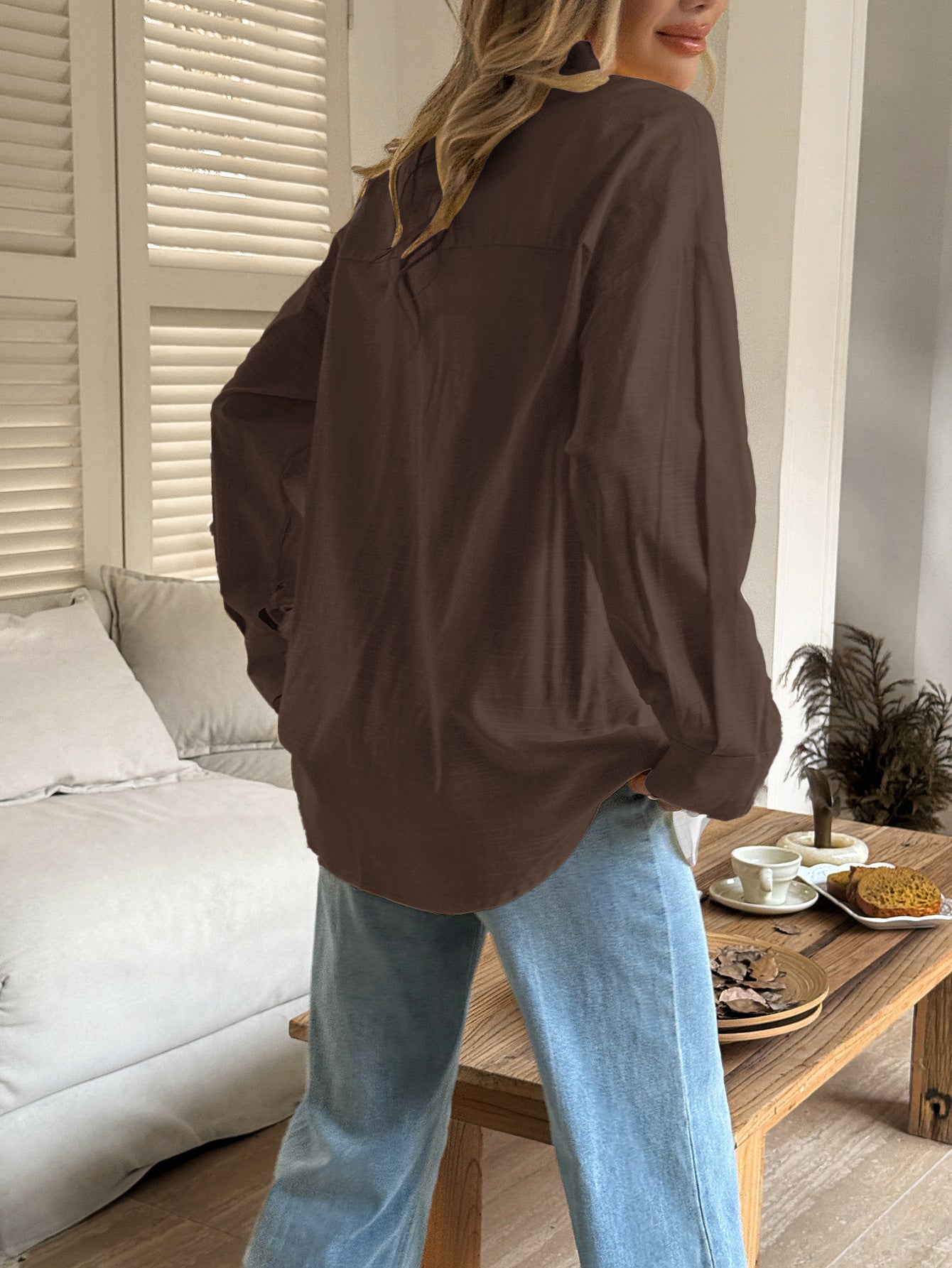 Women's Solid Button V-Neck Long Sleeve Women's Long Sleeve Blouse