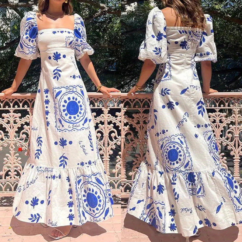 Women's Fashion Lantern Sleeve Print A-shaped Dress