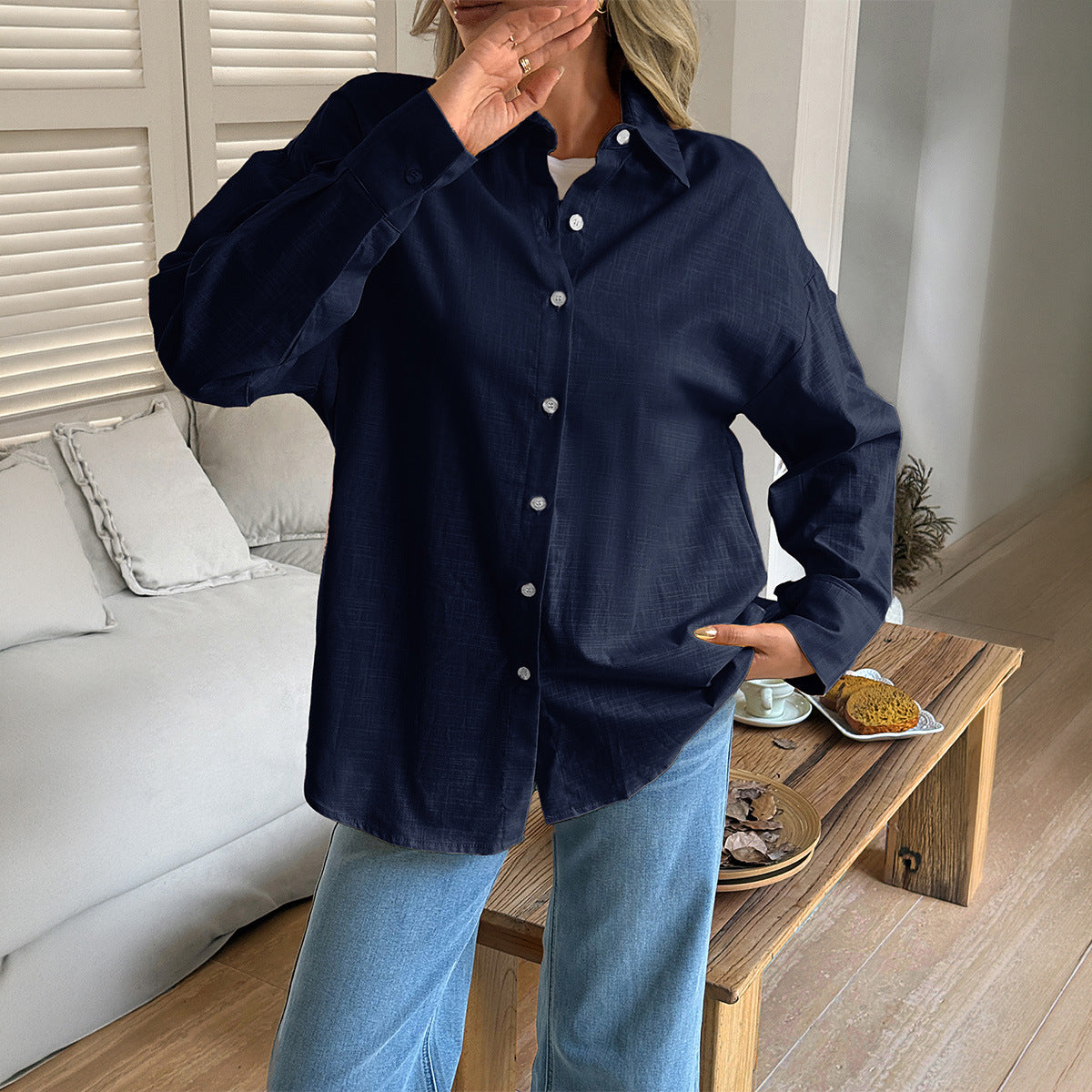 Women's Solid Button V-Neck Long Sleeve Women's Long Sleeve Blouse