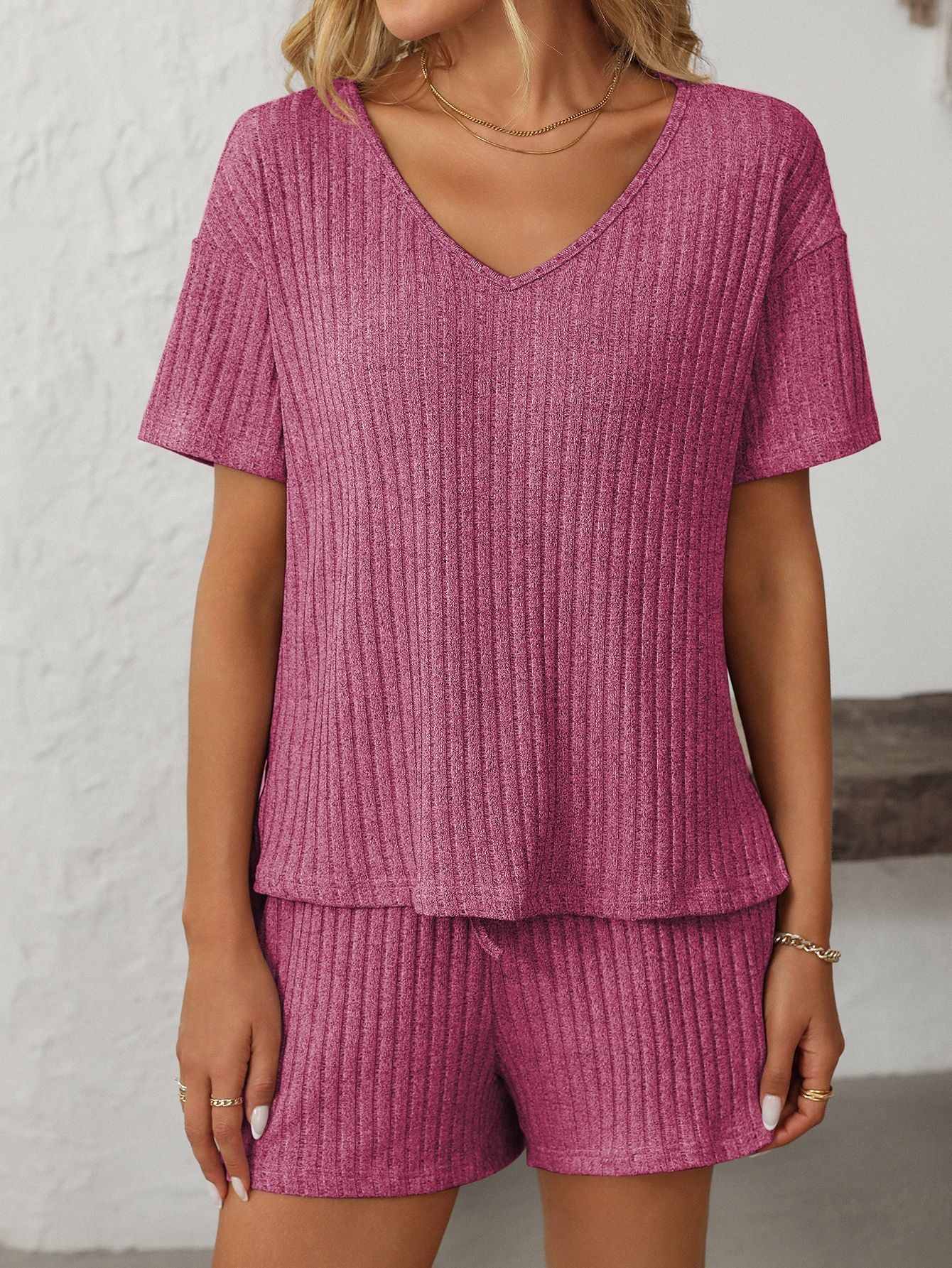 Solid Color Pit Strip Pajamas Short-sleeved Loungewear Set