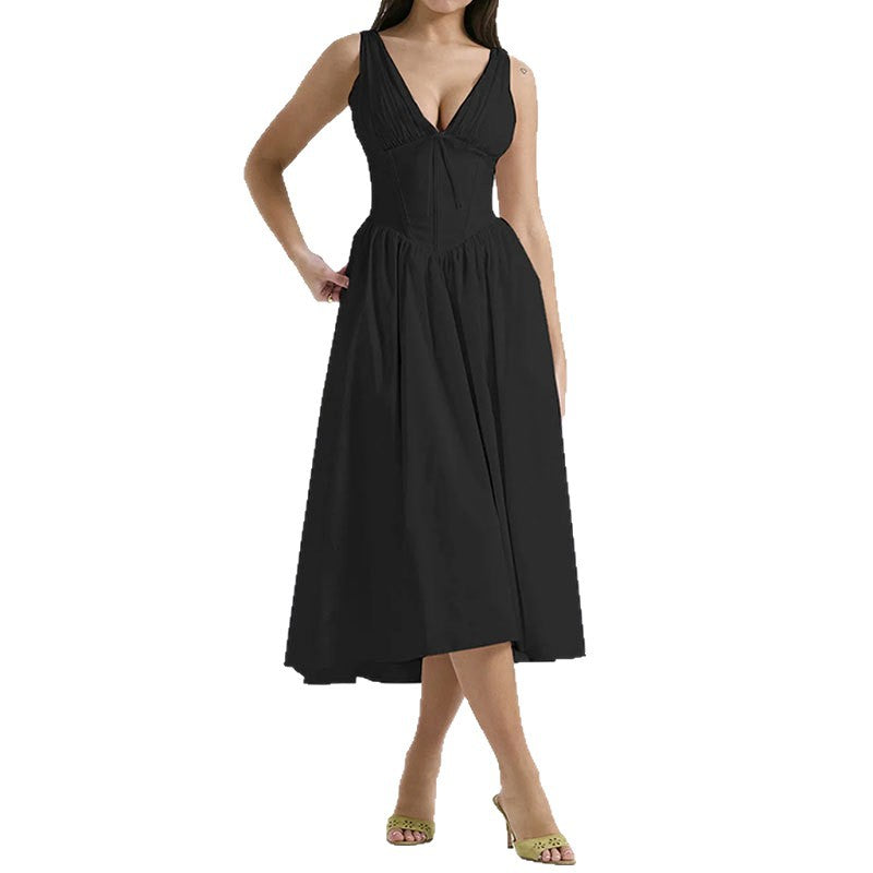 Fashion Backless Print Suspender Dress Long Dress