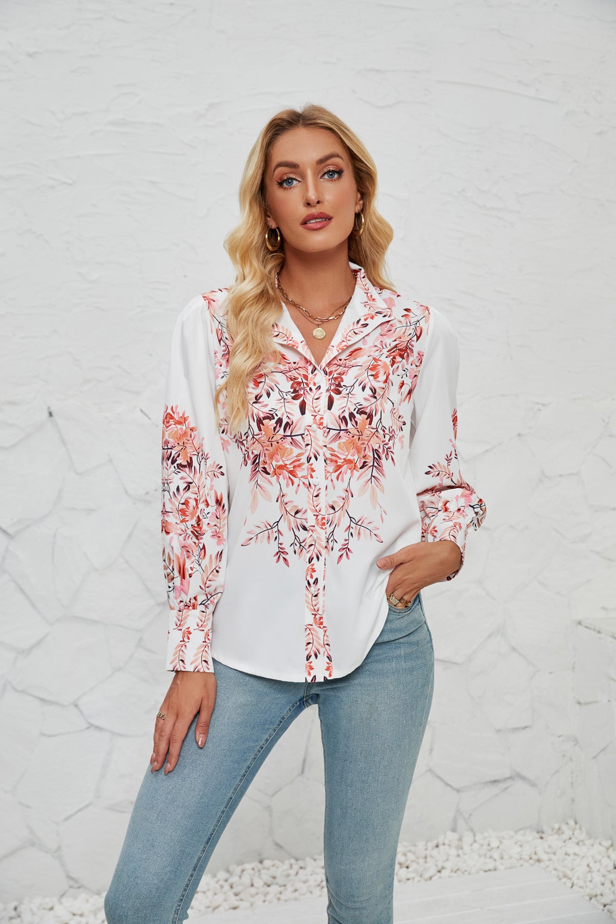 Women's Printed Long Sleeve Stand-Up Collar Fashion Casual Blouse
