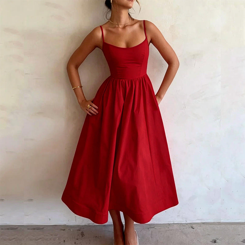 Women Casual Fashion Solid Color Waist Suspender Dress