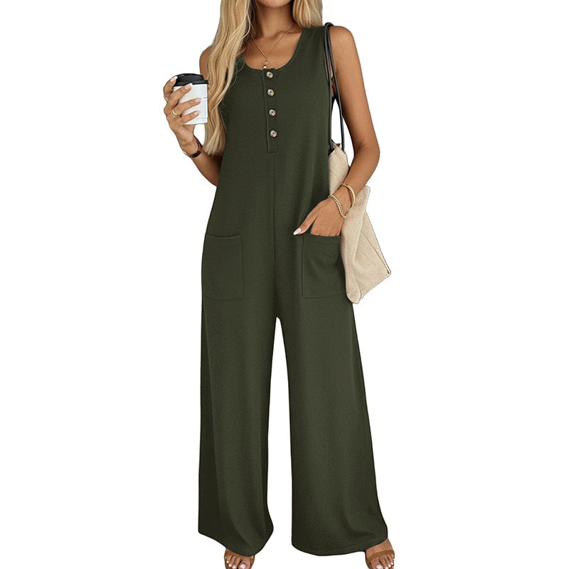 Women's Loose Sleeveless Solid Color Pocket Button Jumpsuit