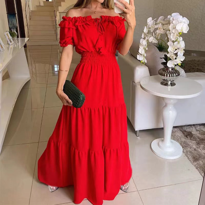 Solid Color Strappy Tube Top Bubble Sleeve Swing Dress
