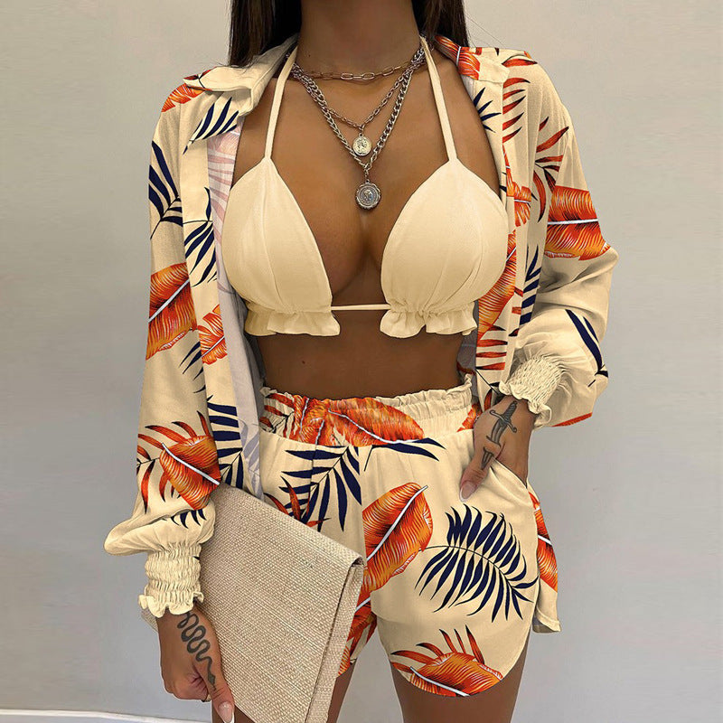 Sexy Beach Vacation Style Printed Shorts Three-piece Set