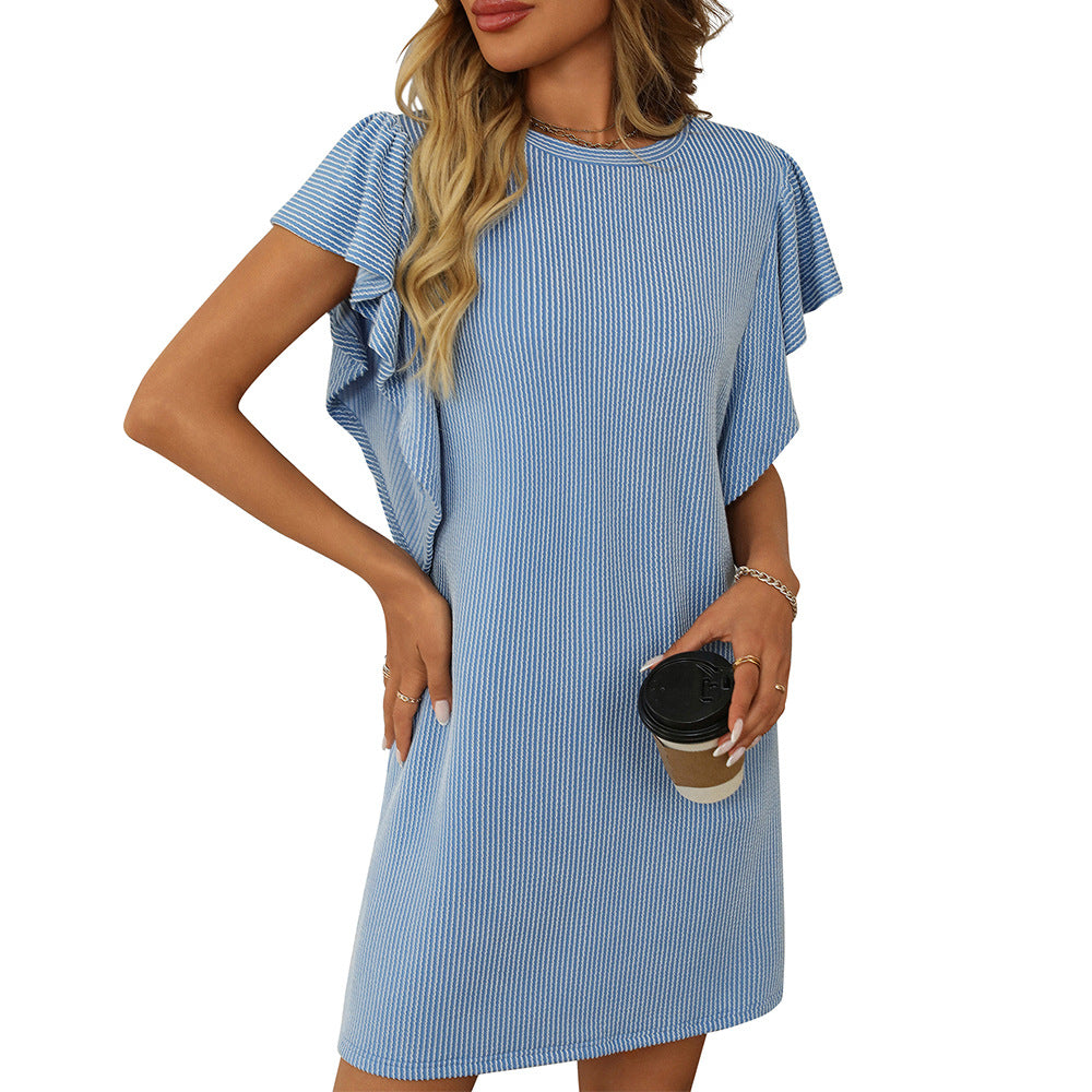Women's Contrasting Color Twisted Ruffle Sleeve Midi Dress