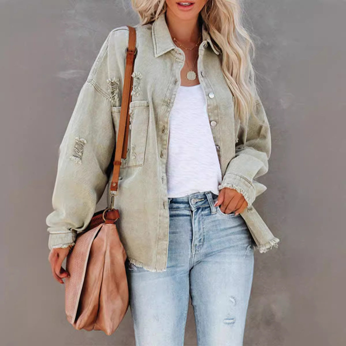 Womens Long Sleeve Rough Ripped Denim Jacket Jacket