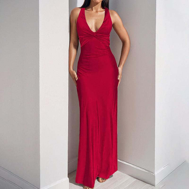 Sexy V-neck Pleated Slim-fit Dress Long Dress