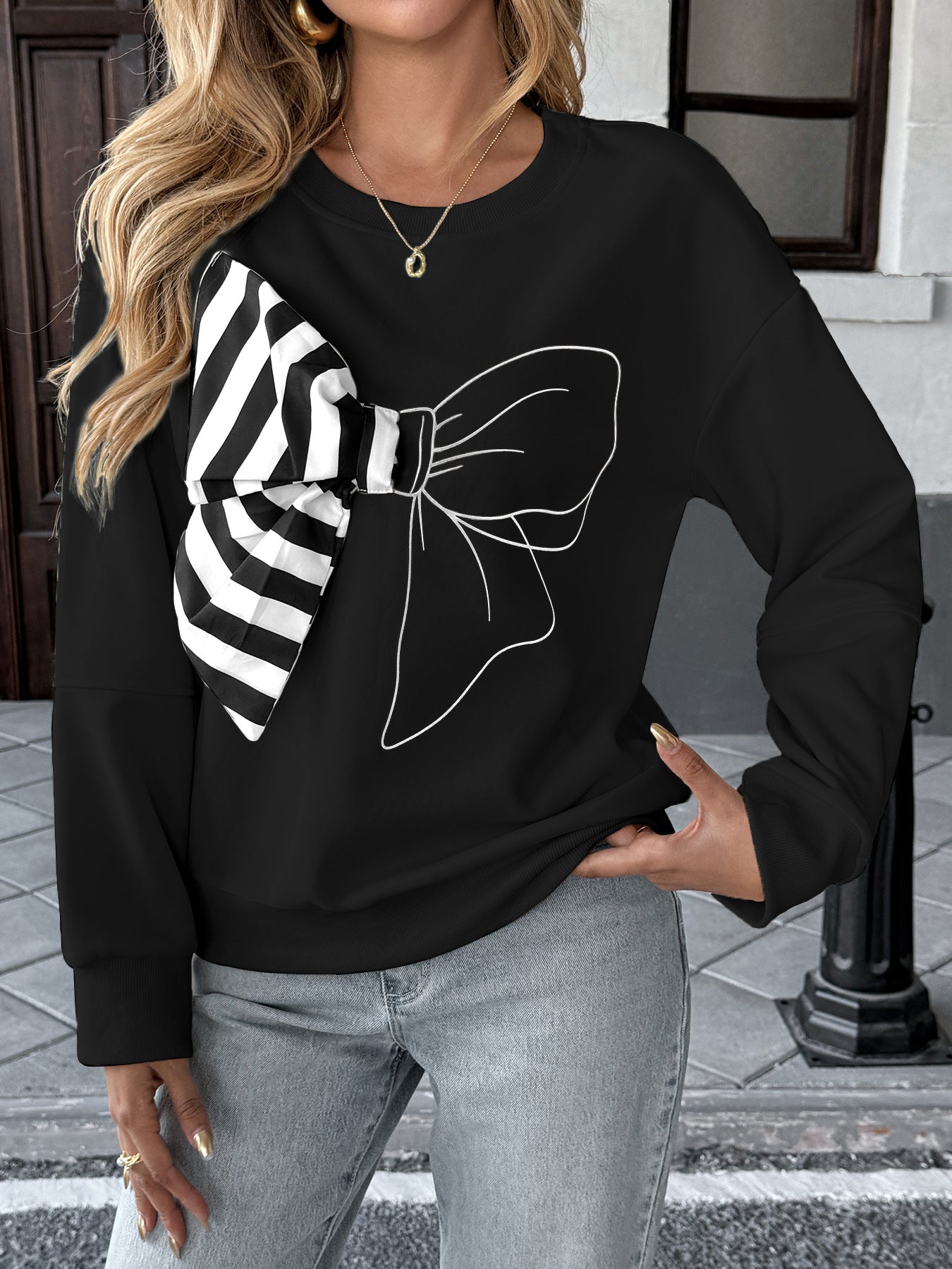 Casual Top Striped Bow Sweater Women