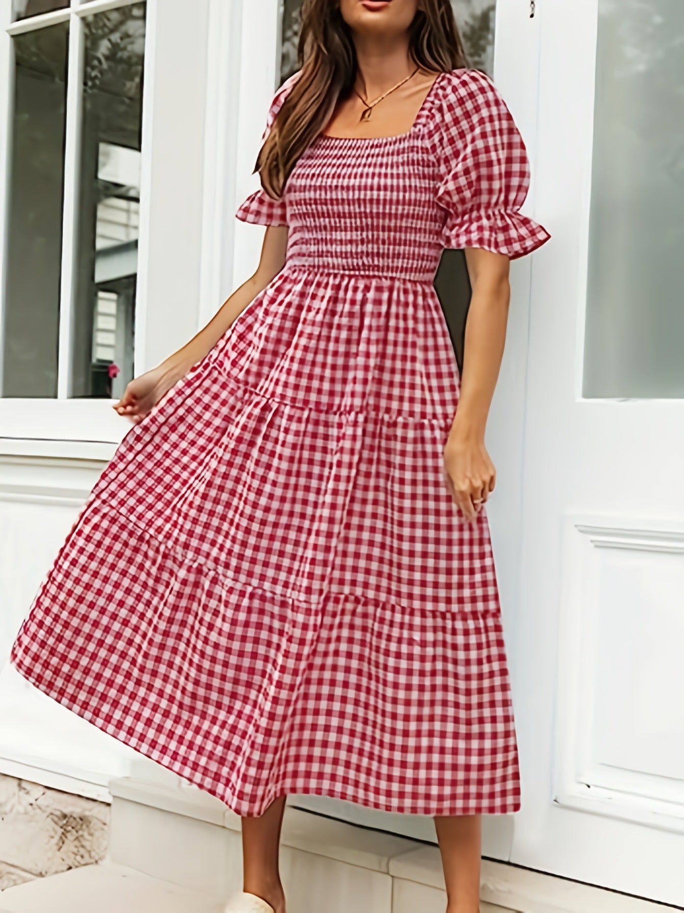 Ladies Plaid Bubble Sleeve Dress