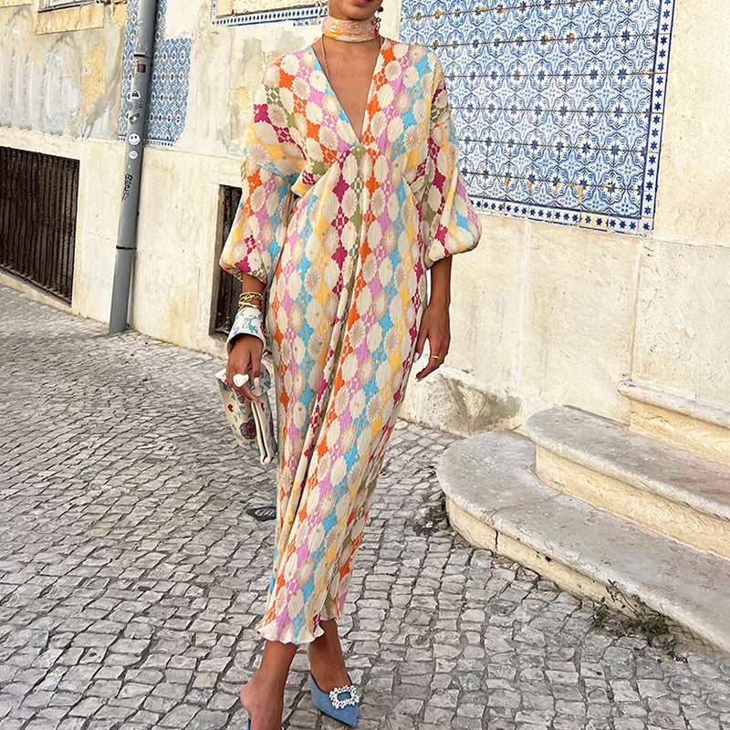 Womens Elegant Printed V-Neck Lantern Sleeve Dress