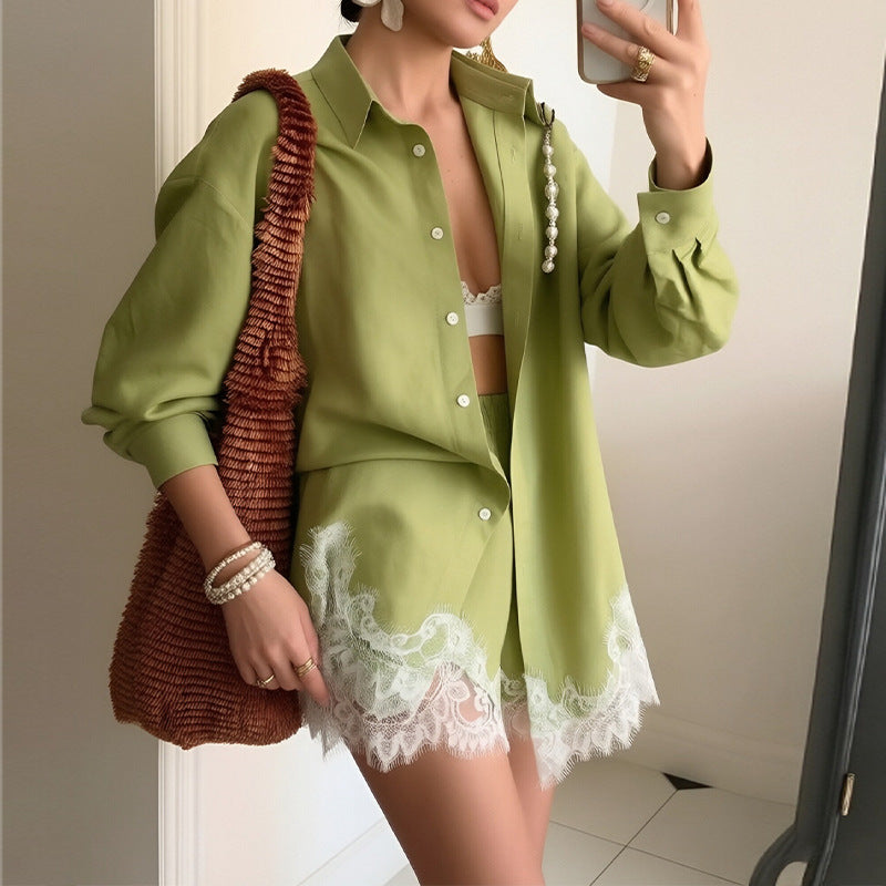 Women Fashion Casual Solid Color Lace Splicing Shorts Set