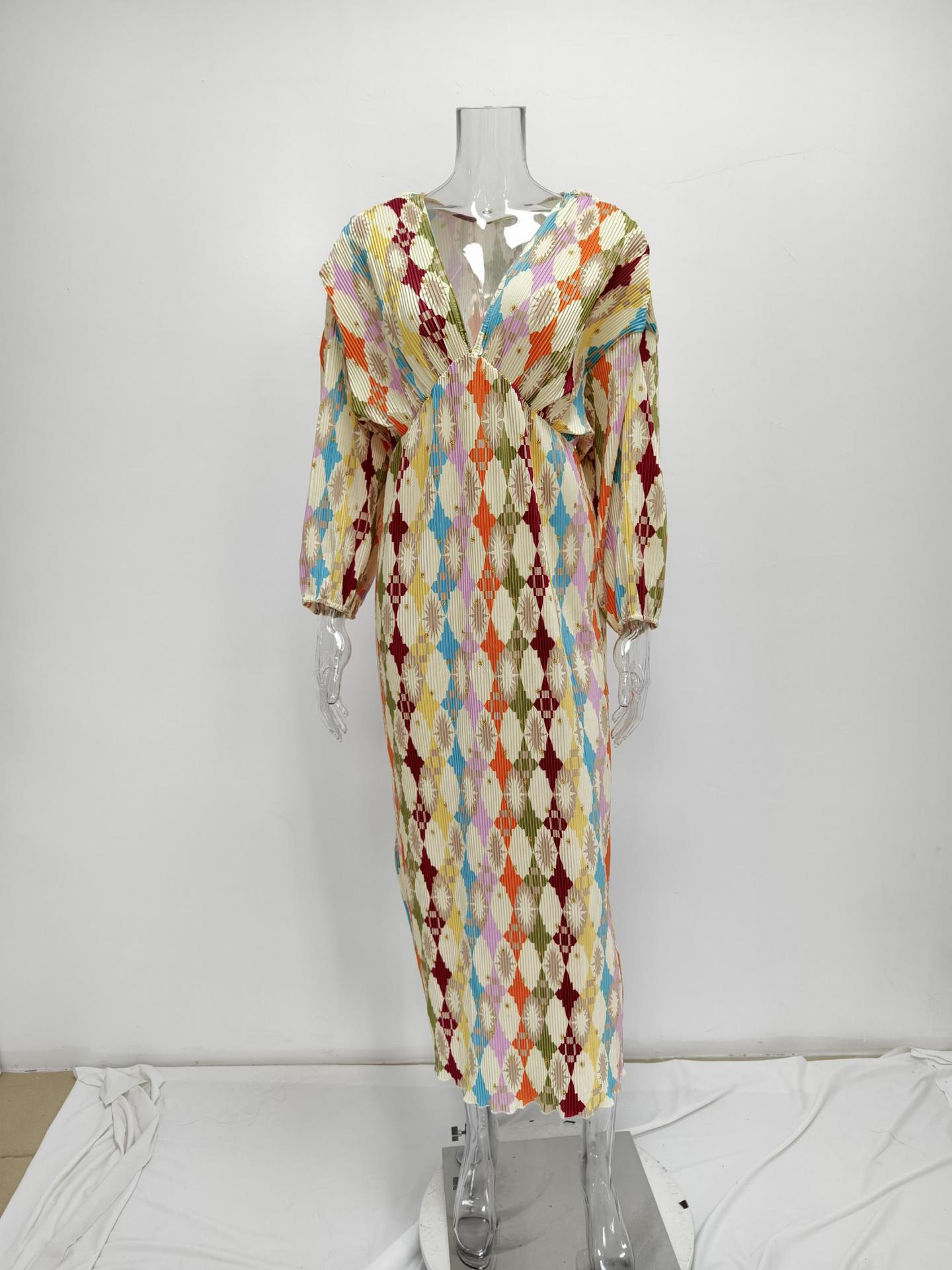 Women's Printed V-Neck Lantern Sleeve Dress