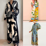 Women's Printed Button Blouse Pants Set