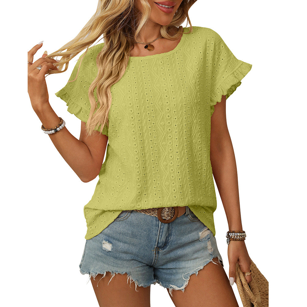 Solid Color Crew Neck Sweet Short-sleeved T-shirt Hollow Top