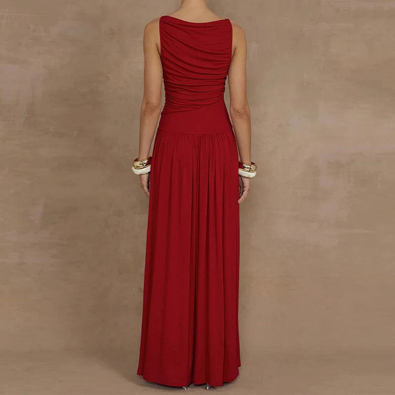 Women Solid Color Pleated Waist Dress Long Dress