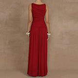 Women Solid Color Pleated Waist Dress Long Dress