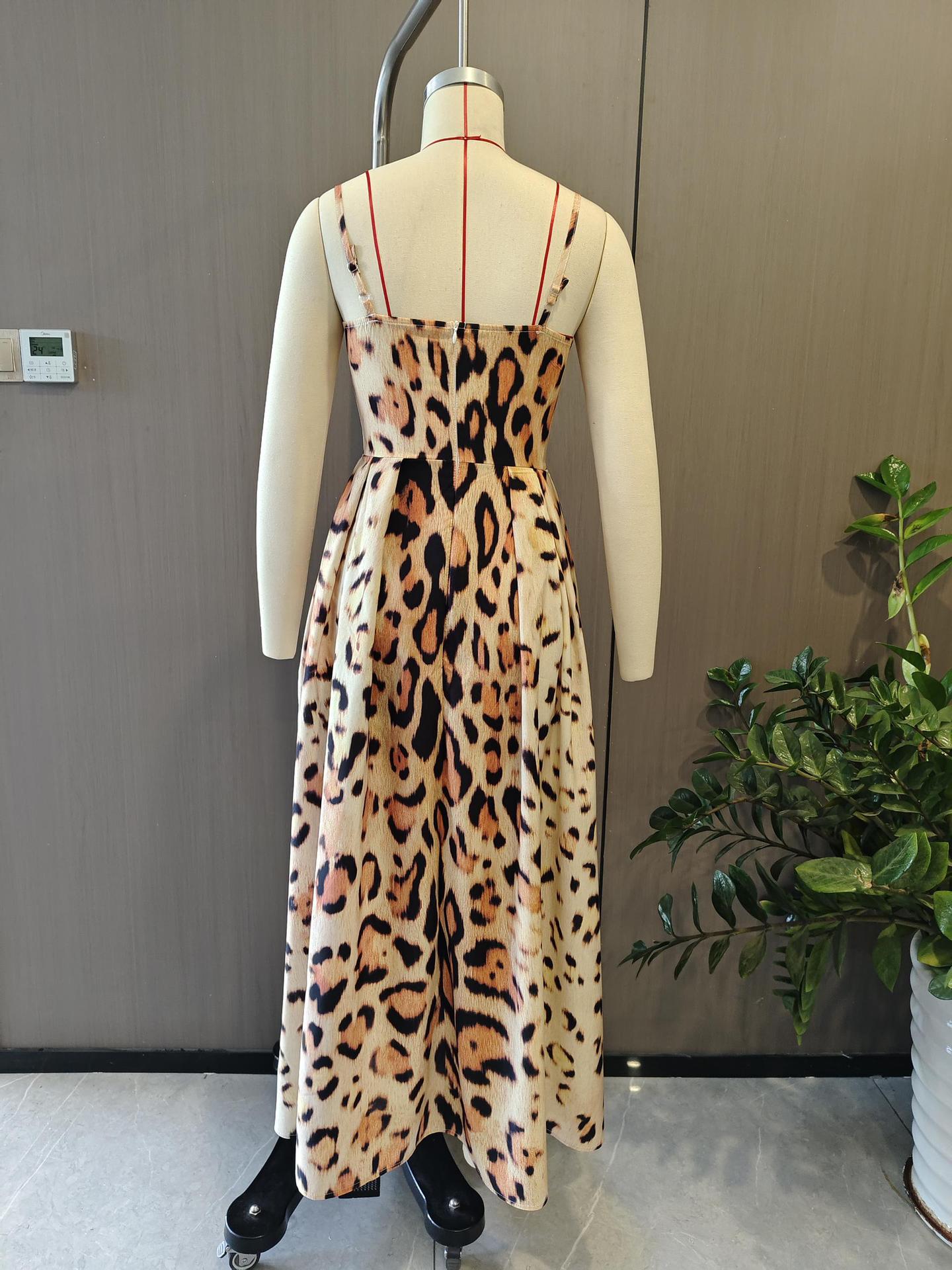 Women Sexy Leopard Print Suspender Waist A Line Dress
