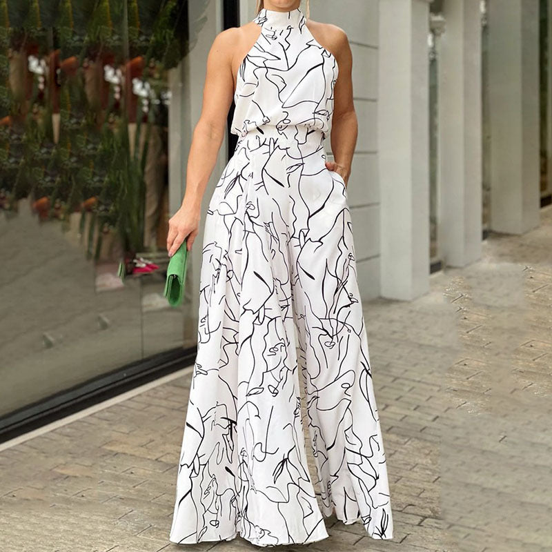 Fashion Sexy Printed Sleeveless Wide Leg Jumpsuit Trousers