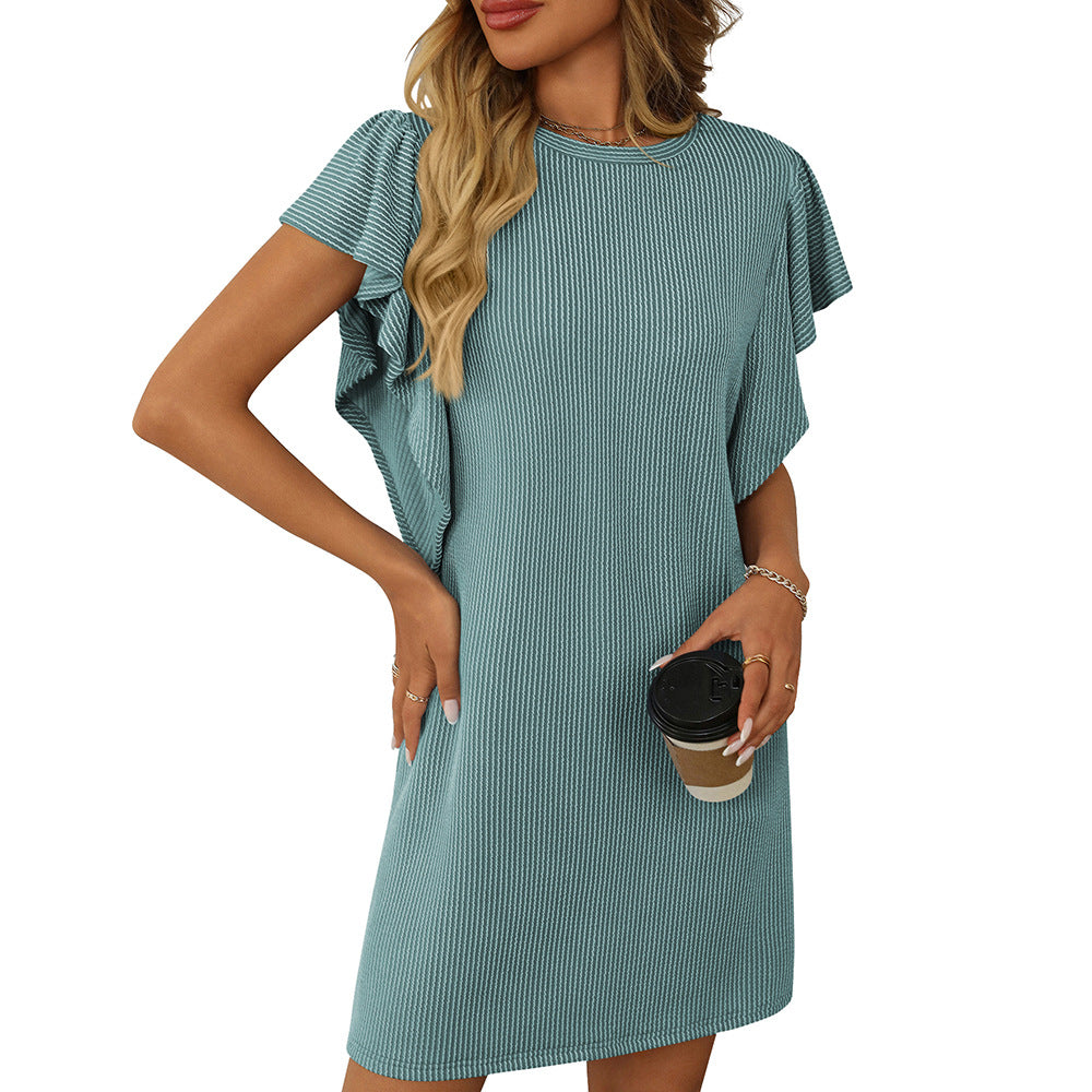 Women's Contrasting Color Twisted Ruffle Sleeve Midi Dress