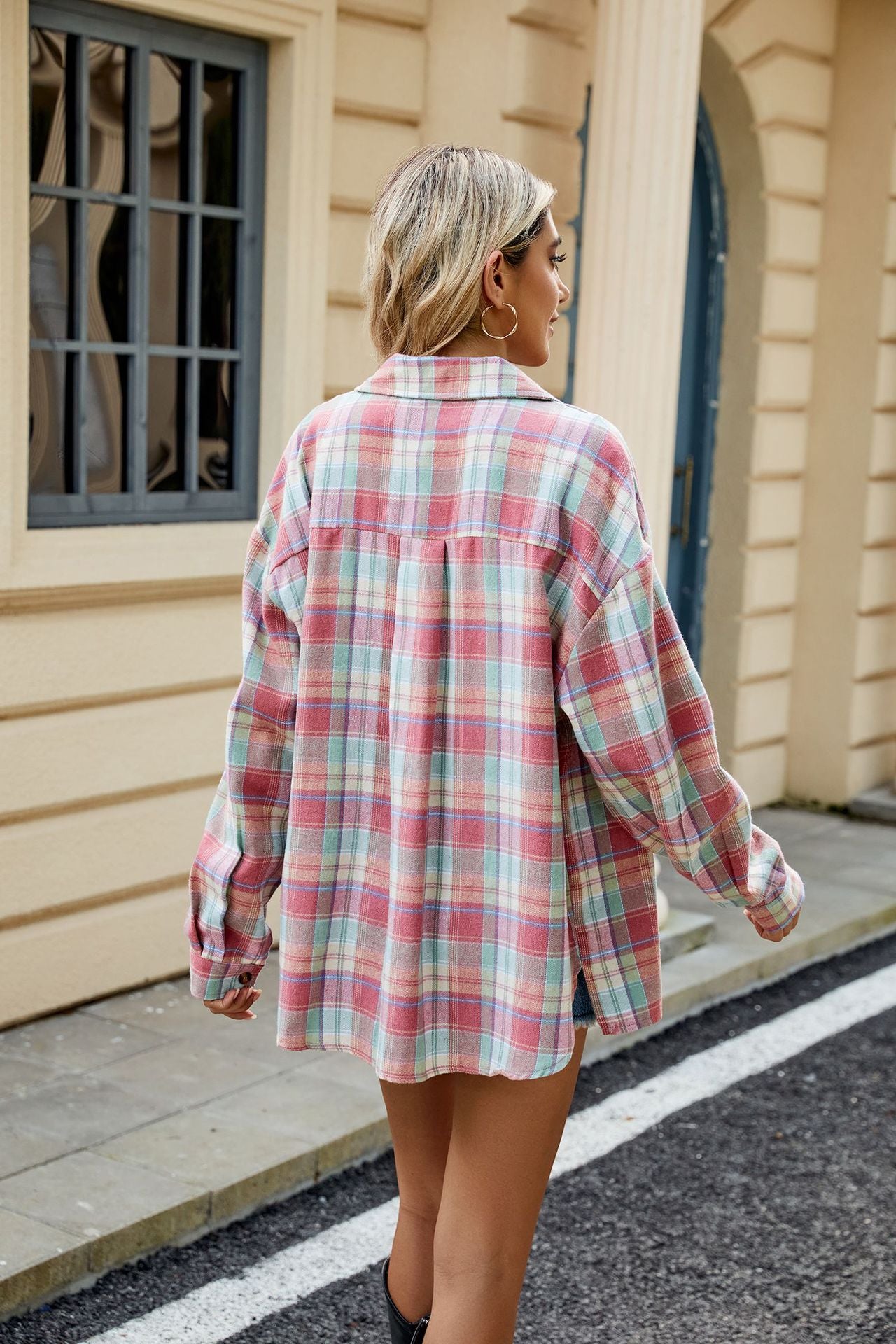 Lapel Long Sleeve Pocket Button Plaid Shirt Top Women