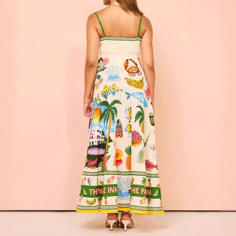 Elegant Printed High Waist Suspender Dress Long Dress