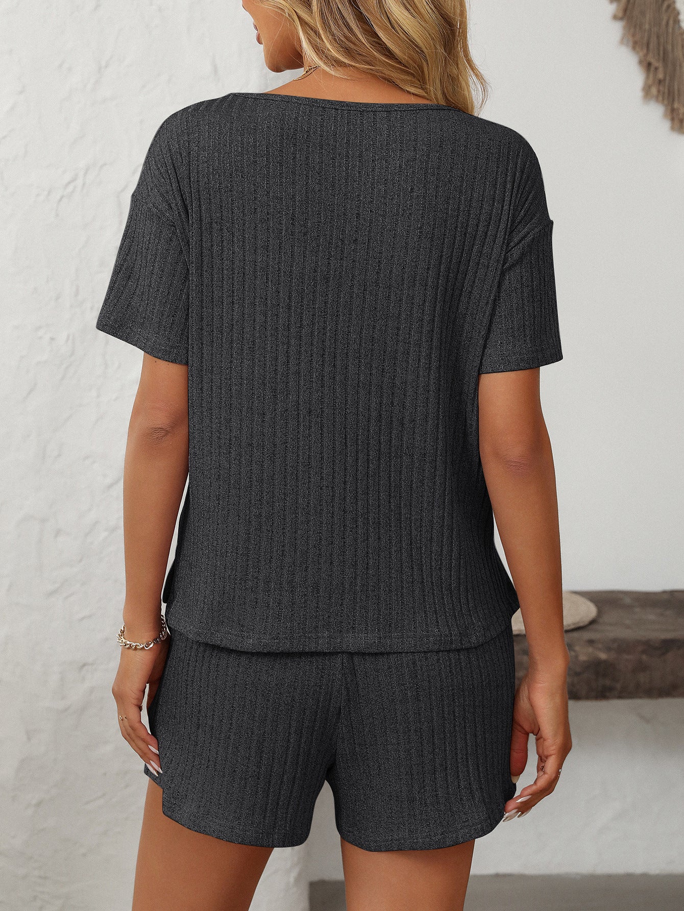 Solid Color Pit Strip Pajamas Short-sleeved Loungewear Set