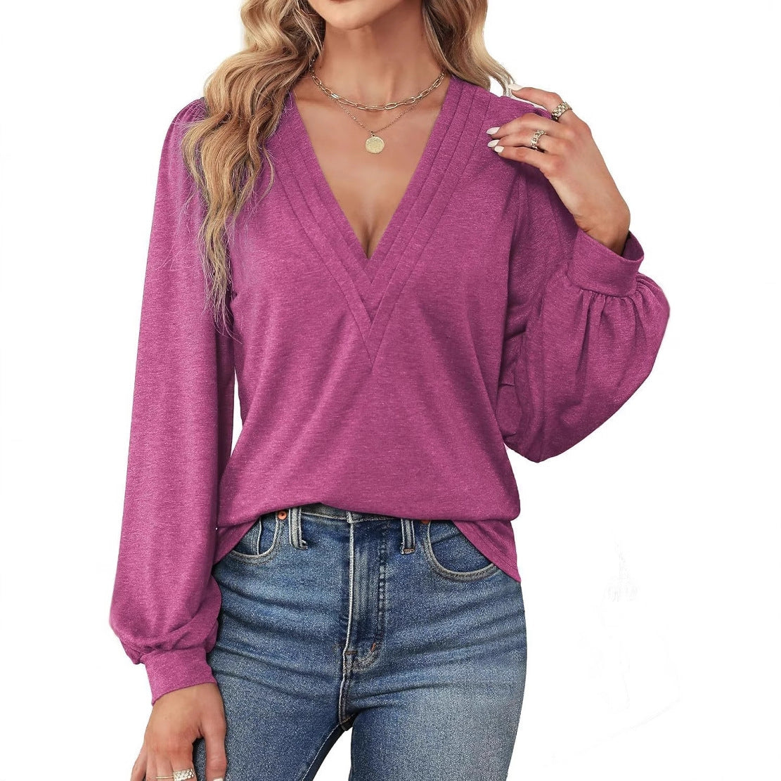 Women's Shirt V-Neck Loose Casual Long Sleeve Top